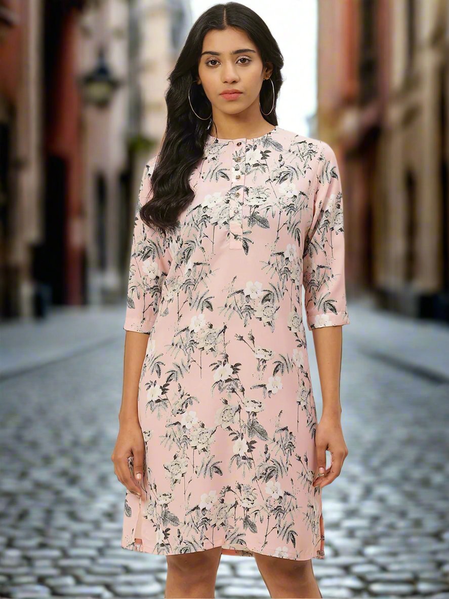 Women Pink & Grey Floral Printed Shift Dress - RueCollections