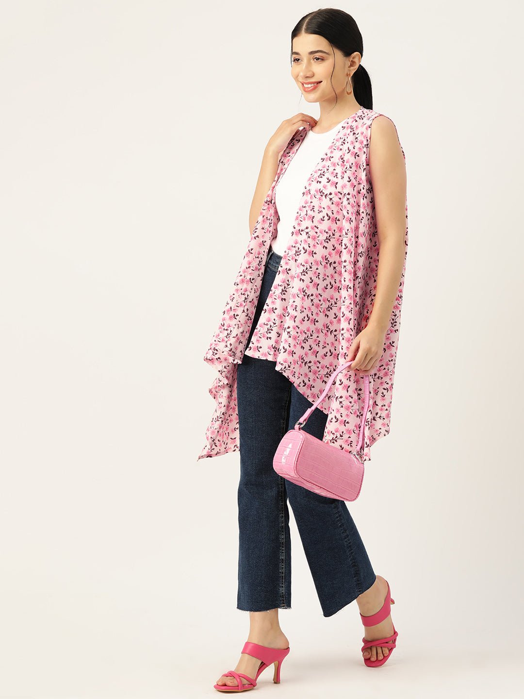 Women Pink Printed Longline Waterfall Shrug - RueCollections