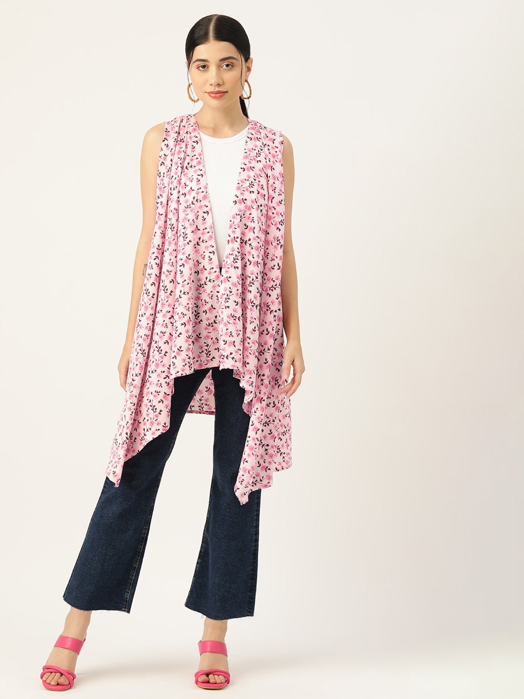 Women Pink Printed Longline Waterfall Shrug - RueCollections