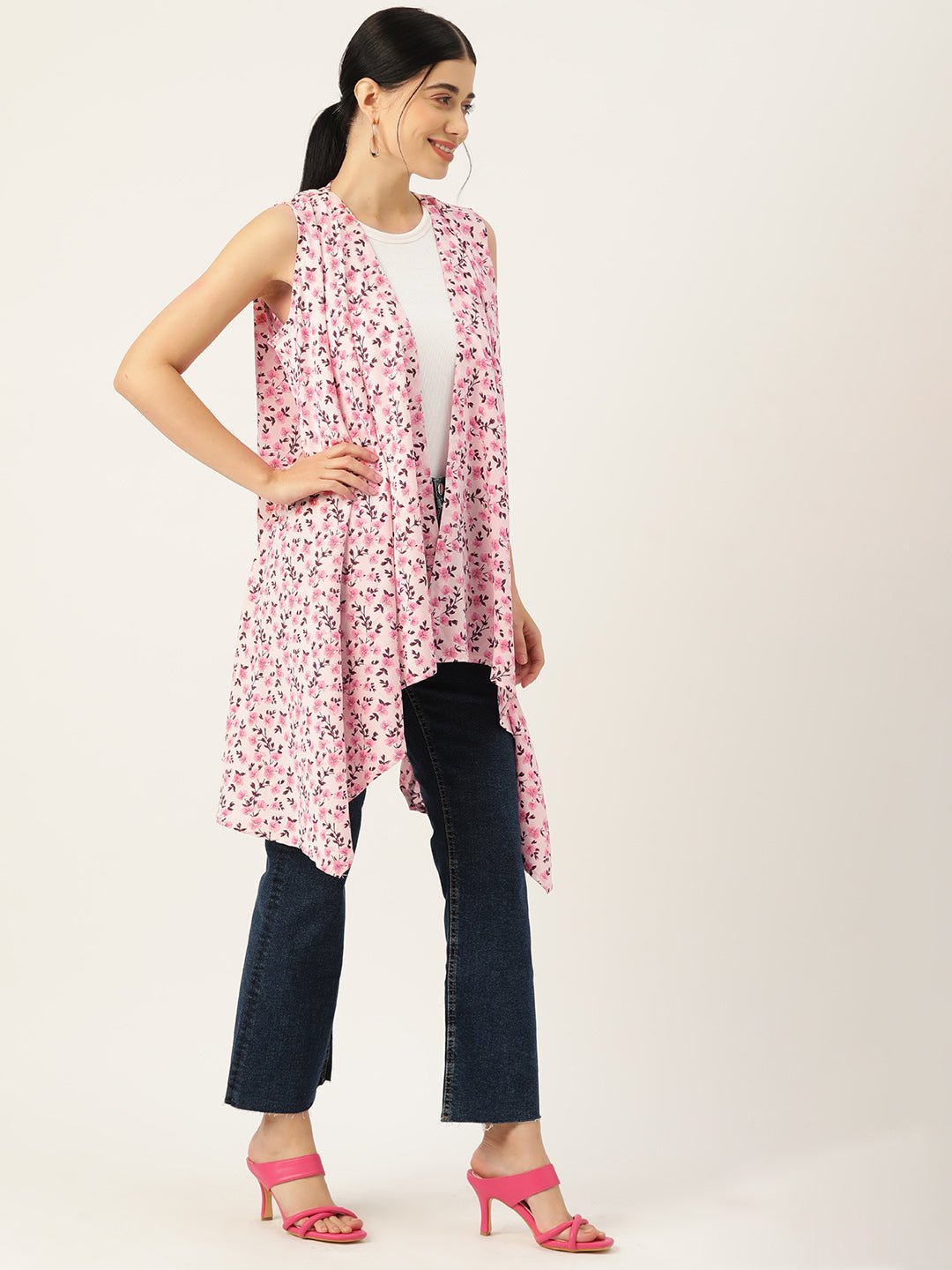 Women Pink Printed Longline Waterfall Shrug - RueCollections