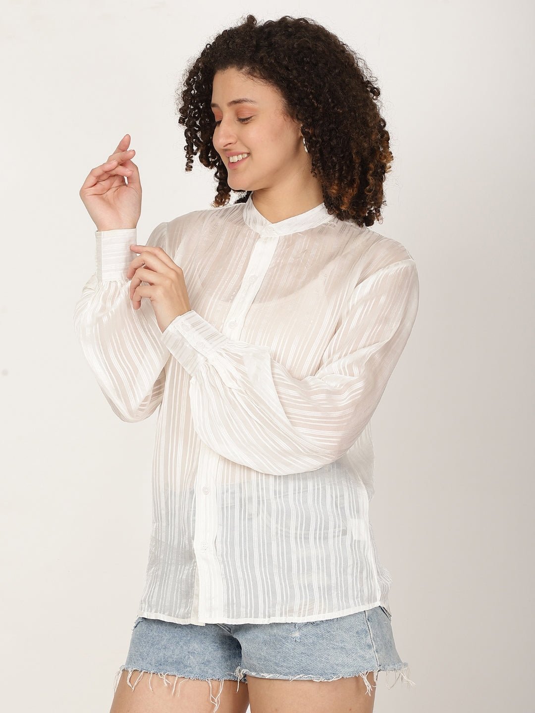 Women Pure Viscose Semi Sheer Striped casual shirt - RueCollections