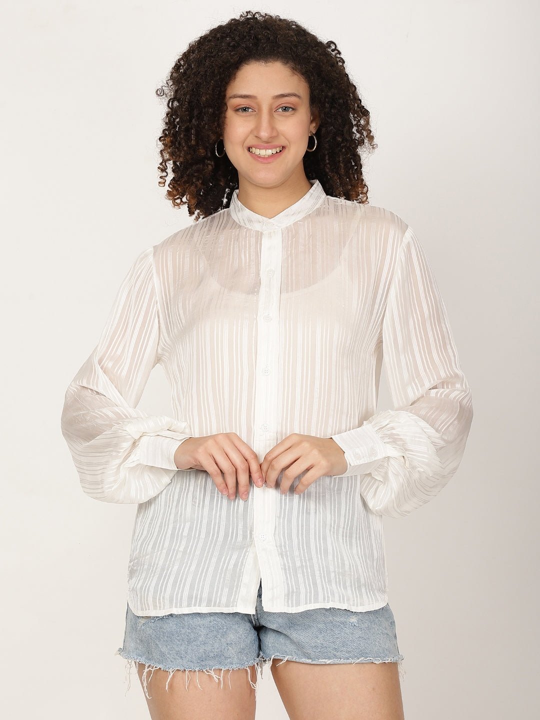 Women Pure Viscose Semi Sheer Striped casual shirt - RueCollections