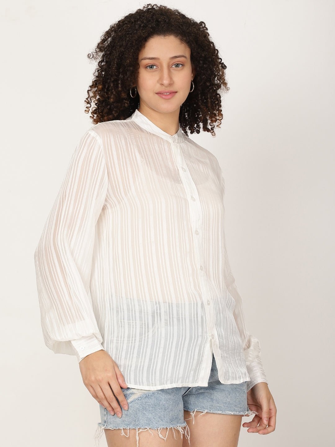 Women Pure Viscose Semi Sheer Striped casual shirt - RueCollections