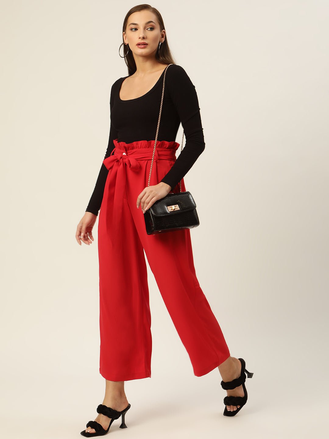 Women Red Comfort Fit Pleated Trousers with Belt - RueCollections