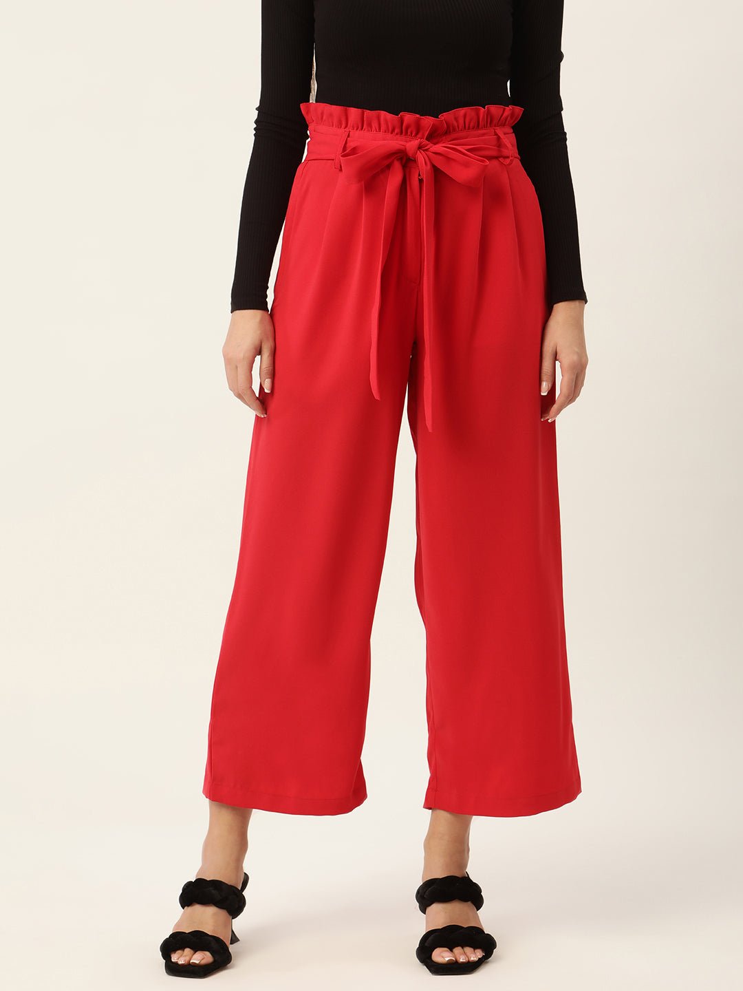 Women Red Comfort Fit Pleated Trousers with Belt - RueCollections