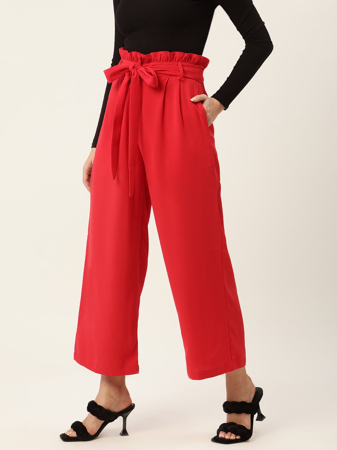 Women Red Comfort Fit Pleated Trousers with Belt - RueCollections