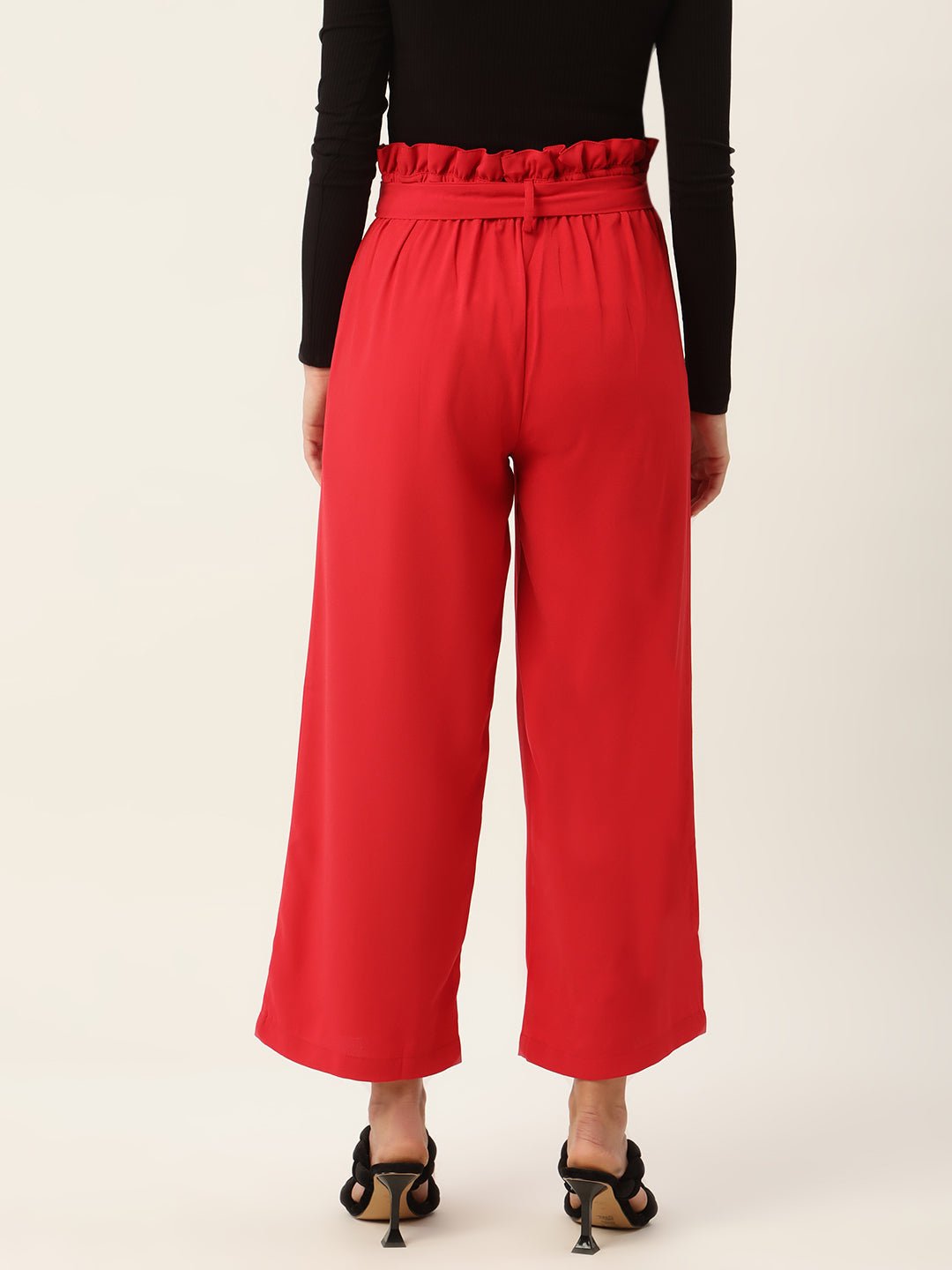 Women Red Comfort Fit Pleated Trousers with Belt - RueCollections