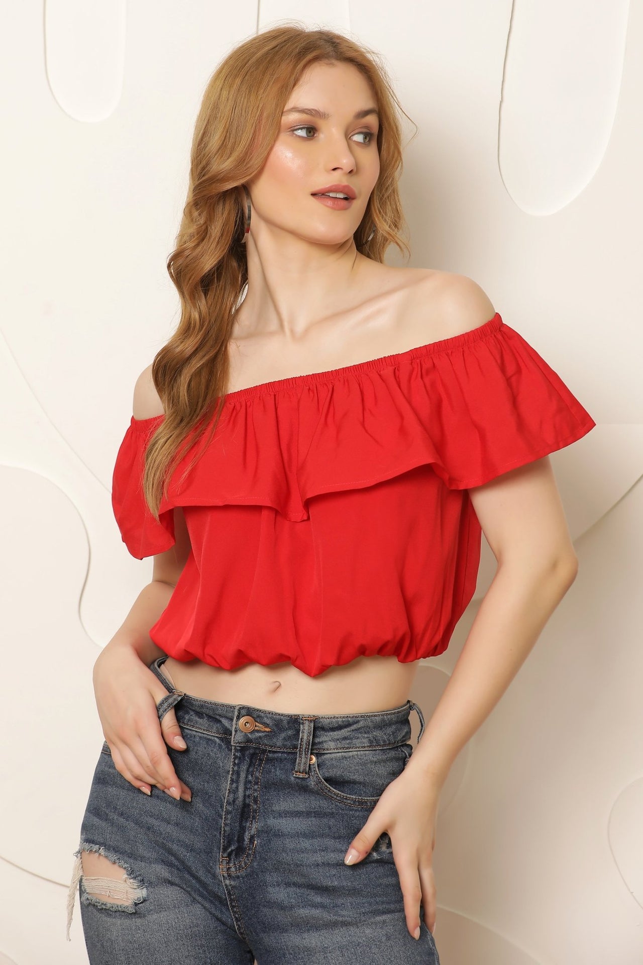 Women Red Off - Shoulder Bardot Crop Top - RueCollections