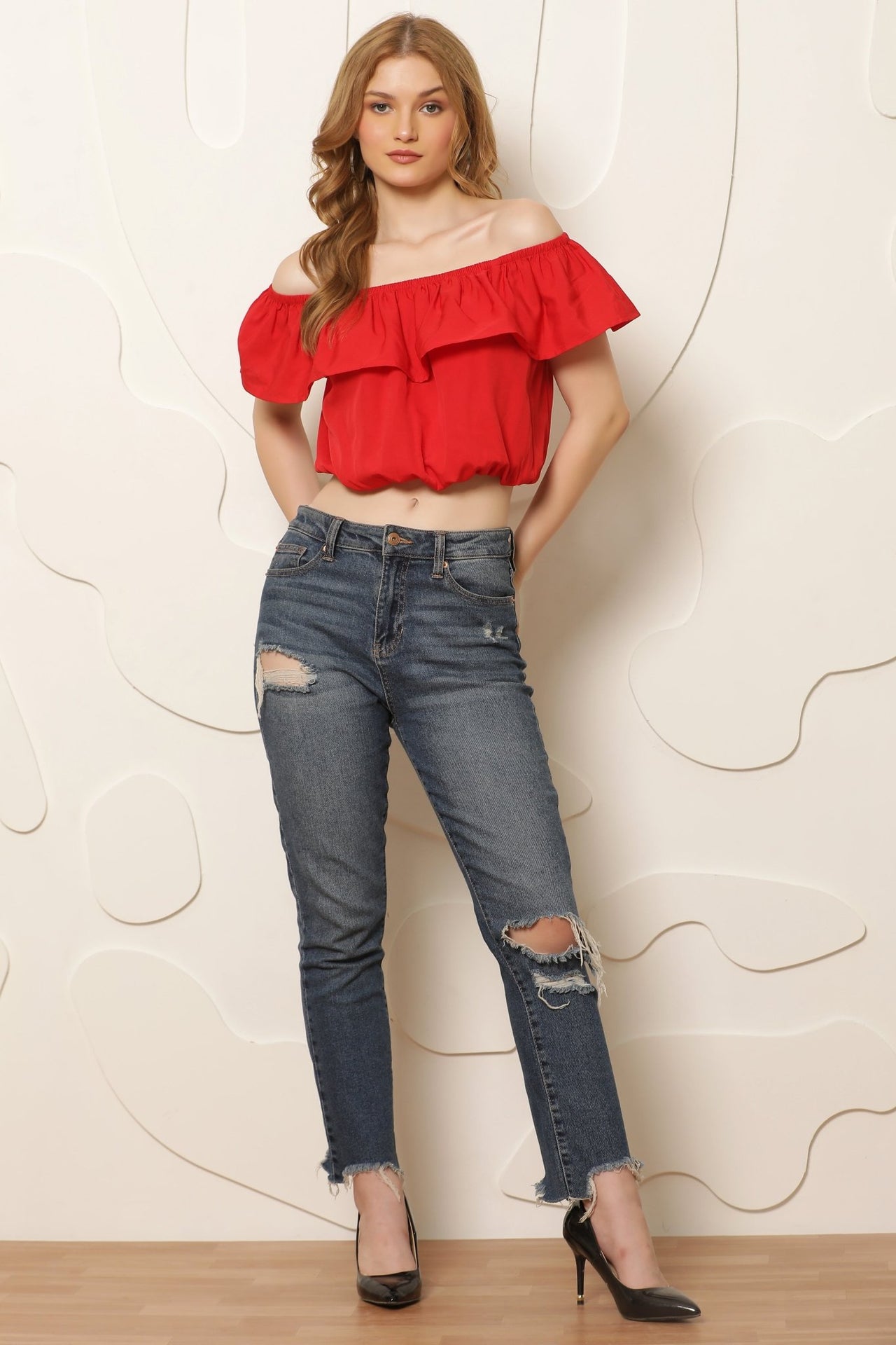 Women Red Off - Shoulder Bardot Crop Top - RueCollections