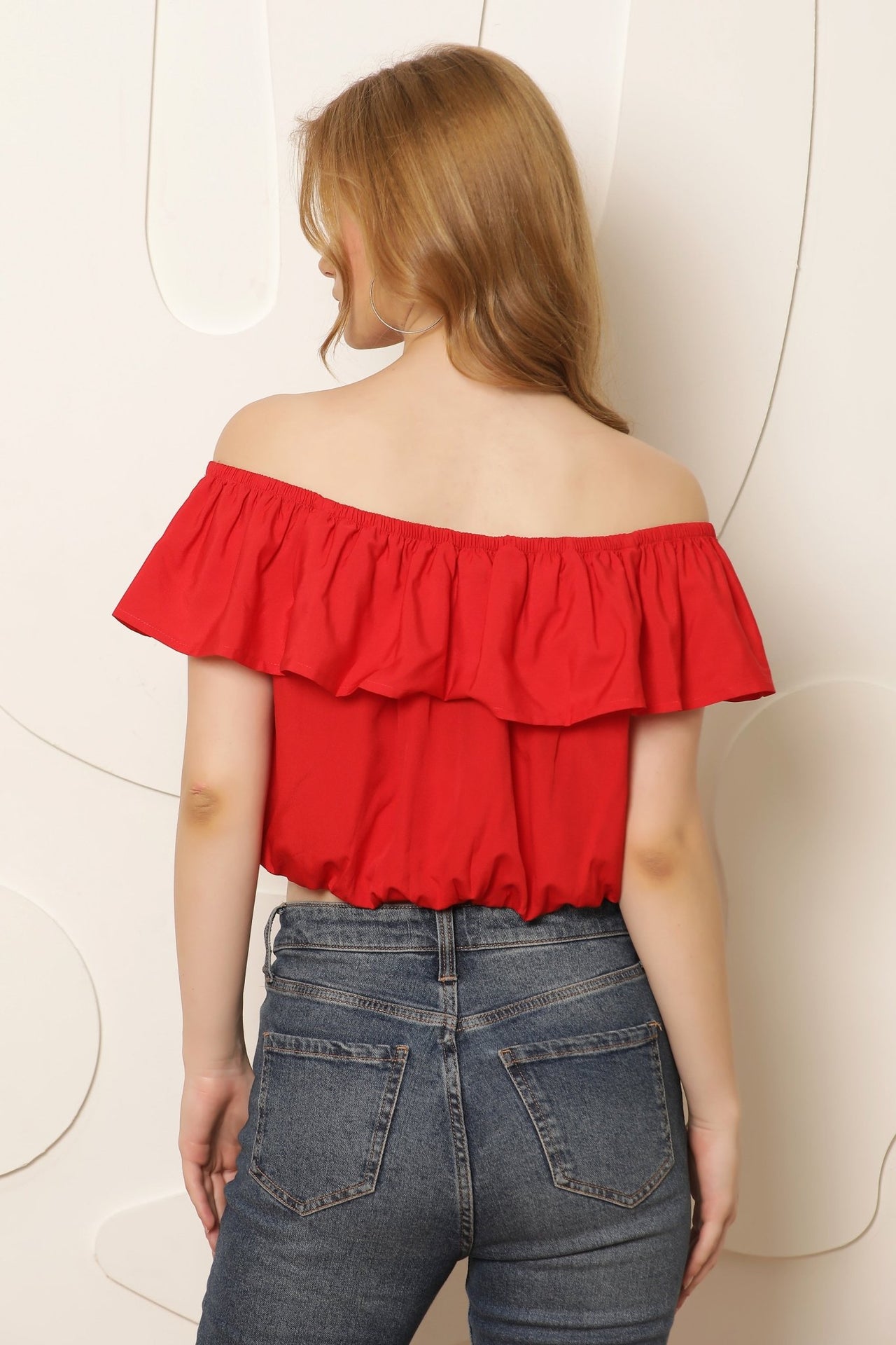 Women Red Off - Shoulder Bardot Crop Top - RueCollections