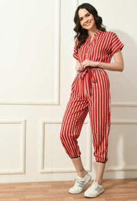 Thumbnail for Women Red & Off - White Striped Capri Jumpsuit - RueCollections