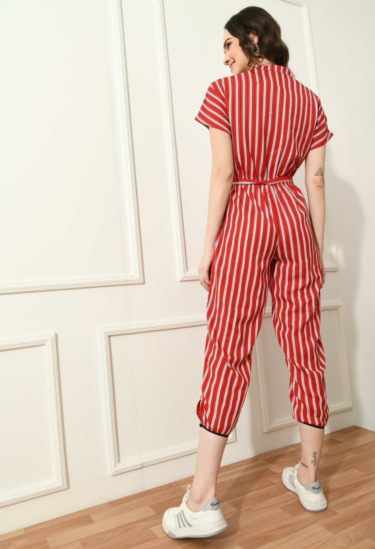 Women Red & Off - White Striped Capri Jumpsuit - RueCollections