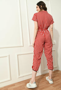 Thumbnail for Women Red & Off - White Striped Capri Jumpsuit - RueCollections