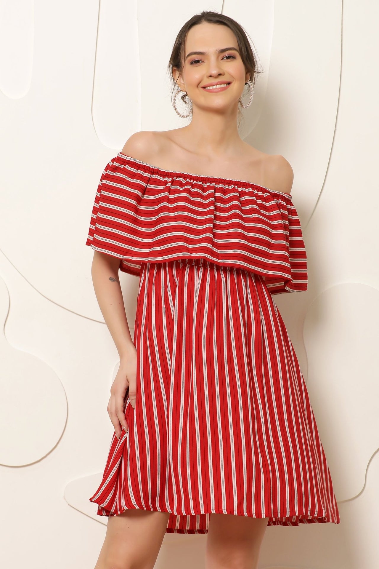 Women Red & White Striped Off - Shoulder A - Line Dress - RueCollections