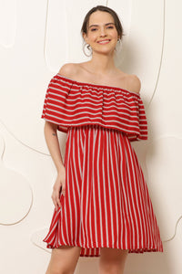 Thumbnail for Women Red & White Striped Off - Shoulder A - Line Dress - RueCollections