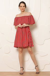 Thumbnail for Women Red & White Striped Off - Shoulder A - Line Dress - RueCollections