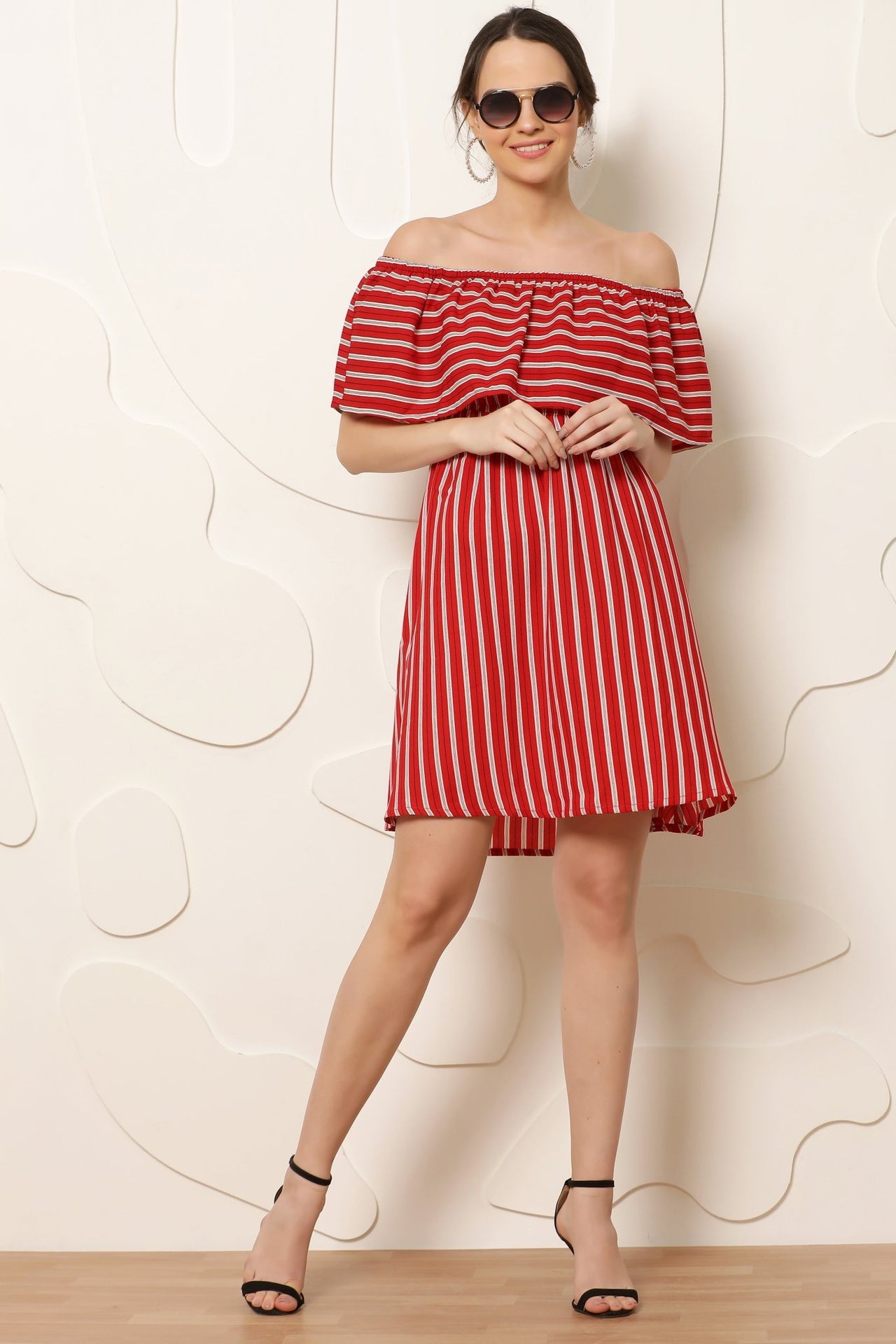 Women Red & White Striped Off - Shoulder A - Line Dress - RueCollections