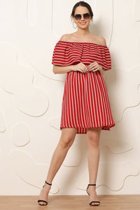 Thumbnail for Women Red & White Striped Off - Shoulder A - Line Dress - RueCollections