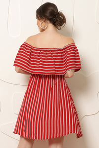 Thumbnail for Women Red & White Striped Off - Shoulder A - Line Dress - RueCollections