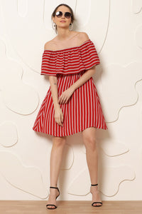 Thumbnail for Women Red & White Striped Off - Shoulder A - Line Dress - RueCollections