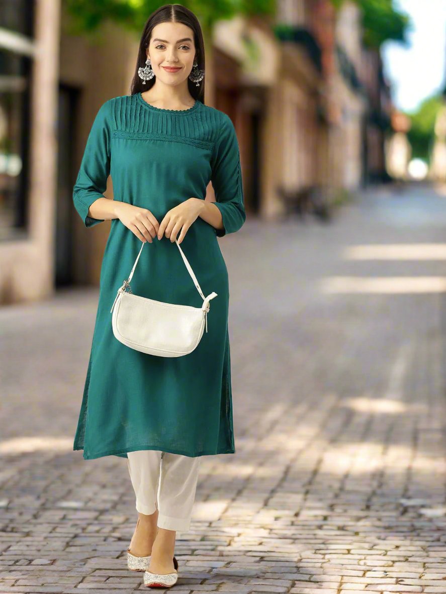 Women Solid Liva Straight Kurta - RueCollections