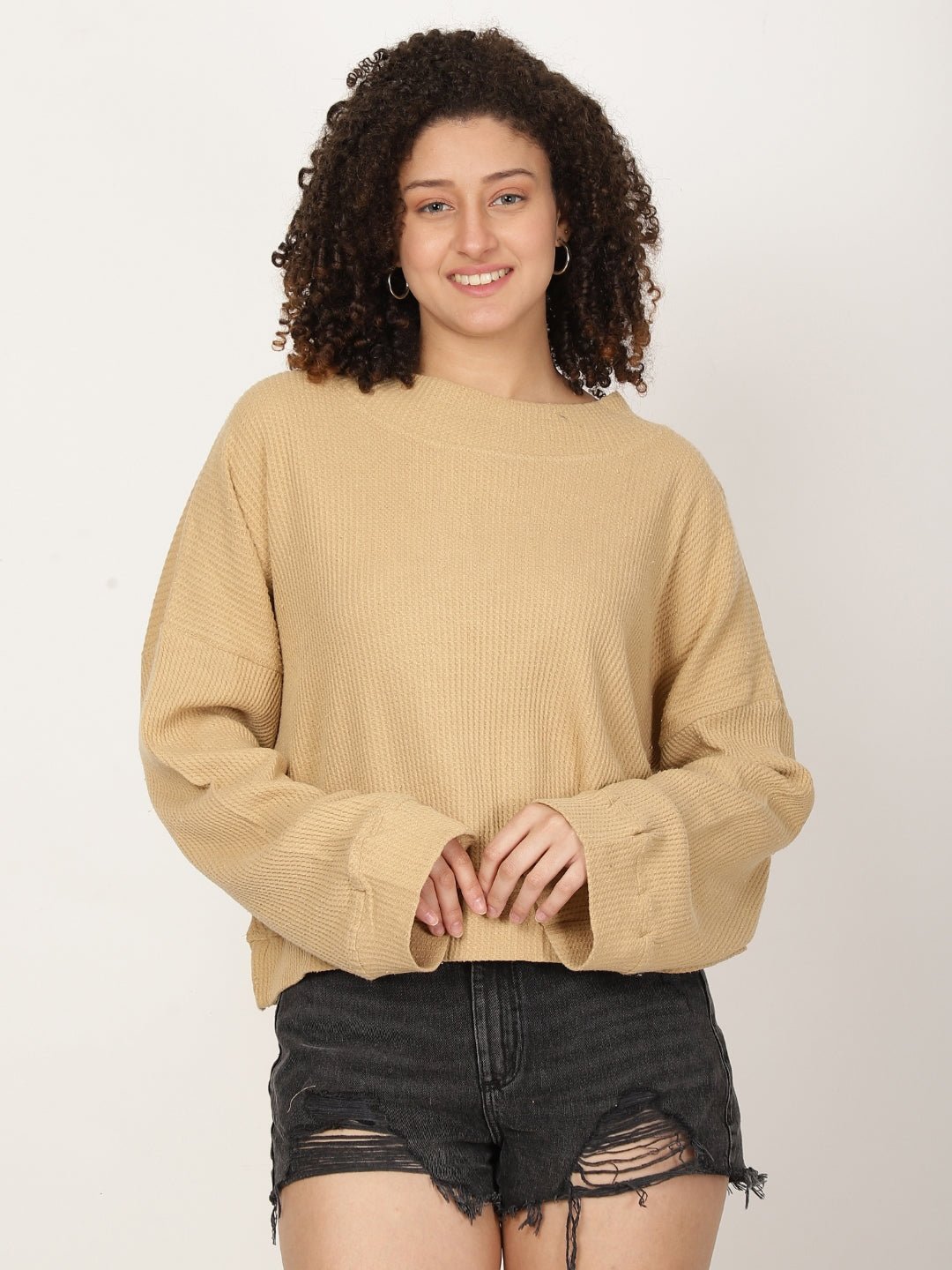 Women Solid textured Pullover Sweatshirt - RueCollections