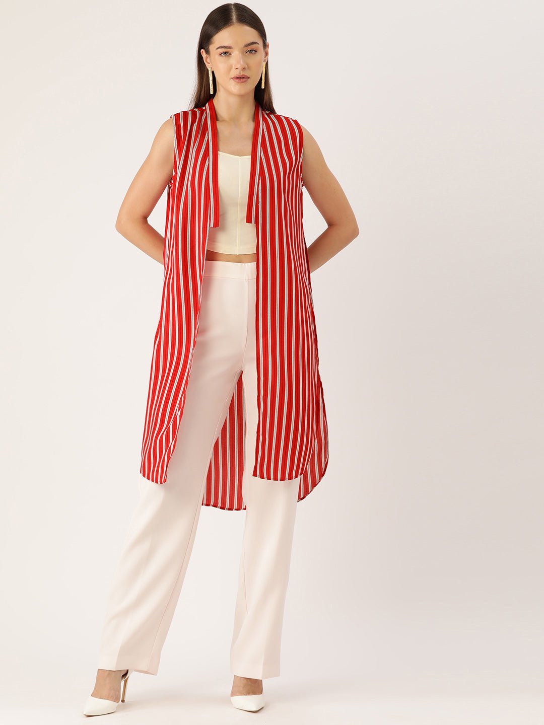 Women Striped Open Front Longline Shrug - RueCollections