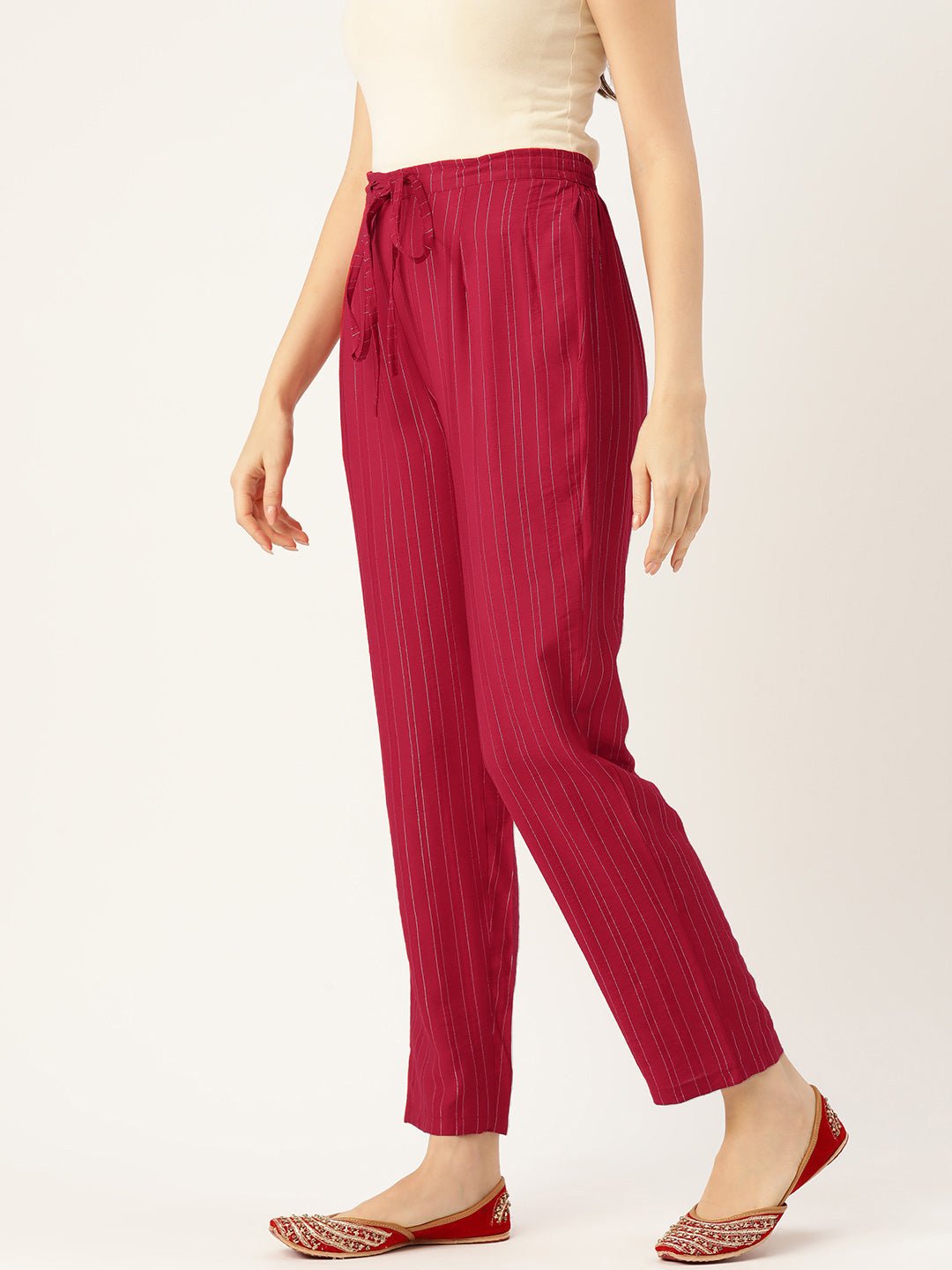 Women Striped Smart Straight Fit Cotton Trousers - RueCollections