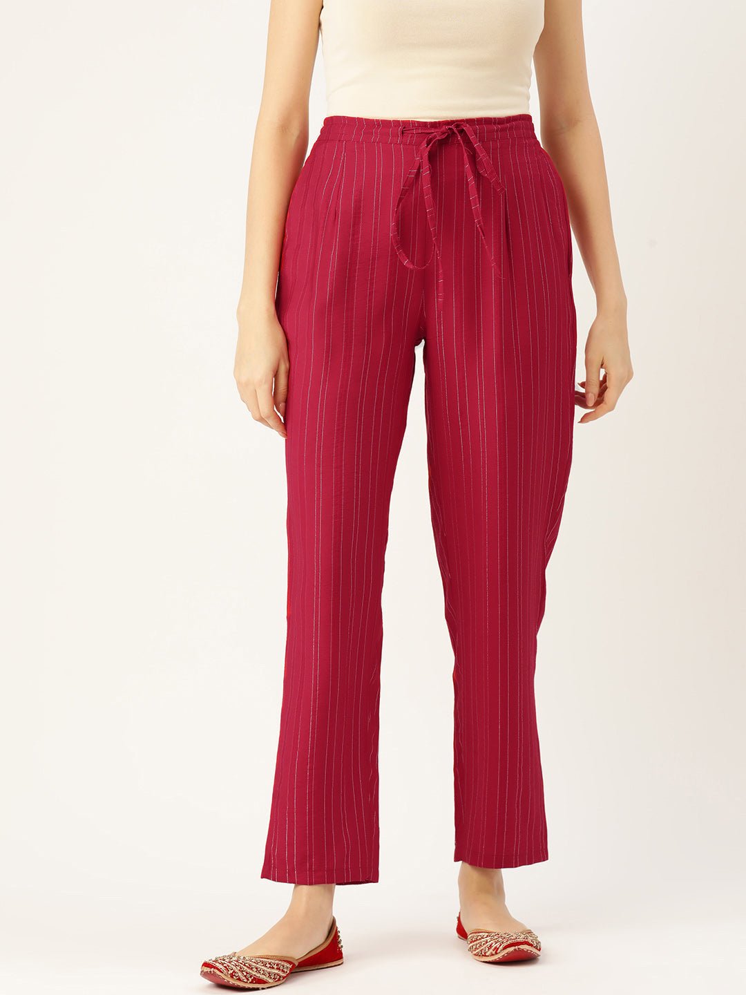 Women Striped Smart Straight Fit Cotton Trousers - RueCollections