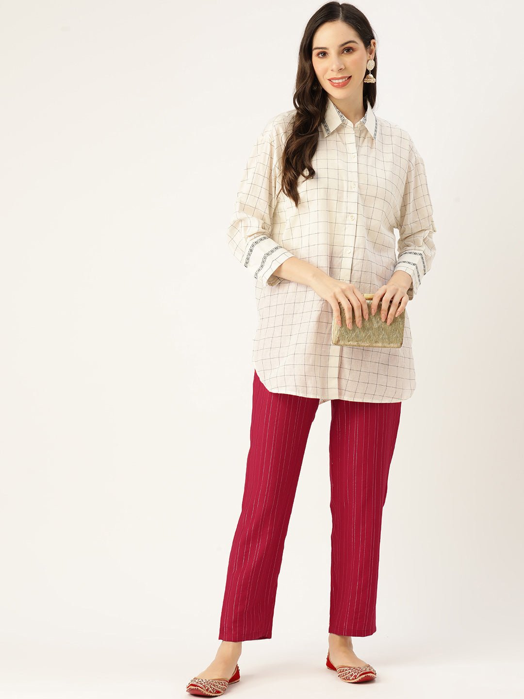 Women Striped Smart Straight Fit Cotton Trousers - RueCollections