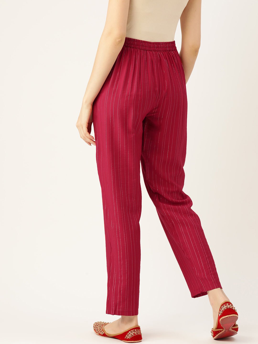 Women Striped Smart Straight Fit Cotton Trousers - RueCollections