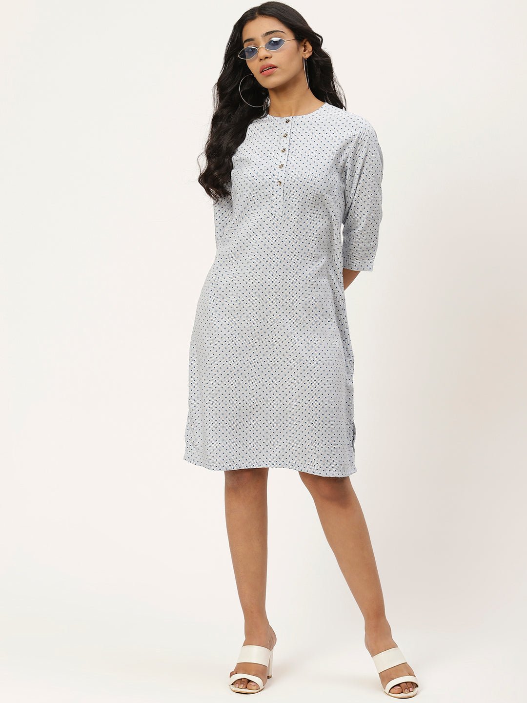 Women White & Blue Printed A - Line Dress - RueCollections