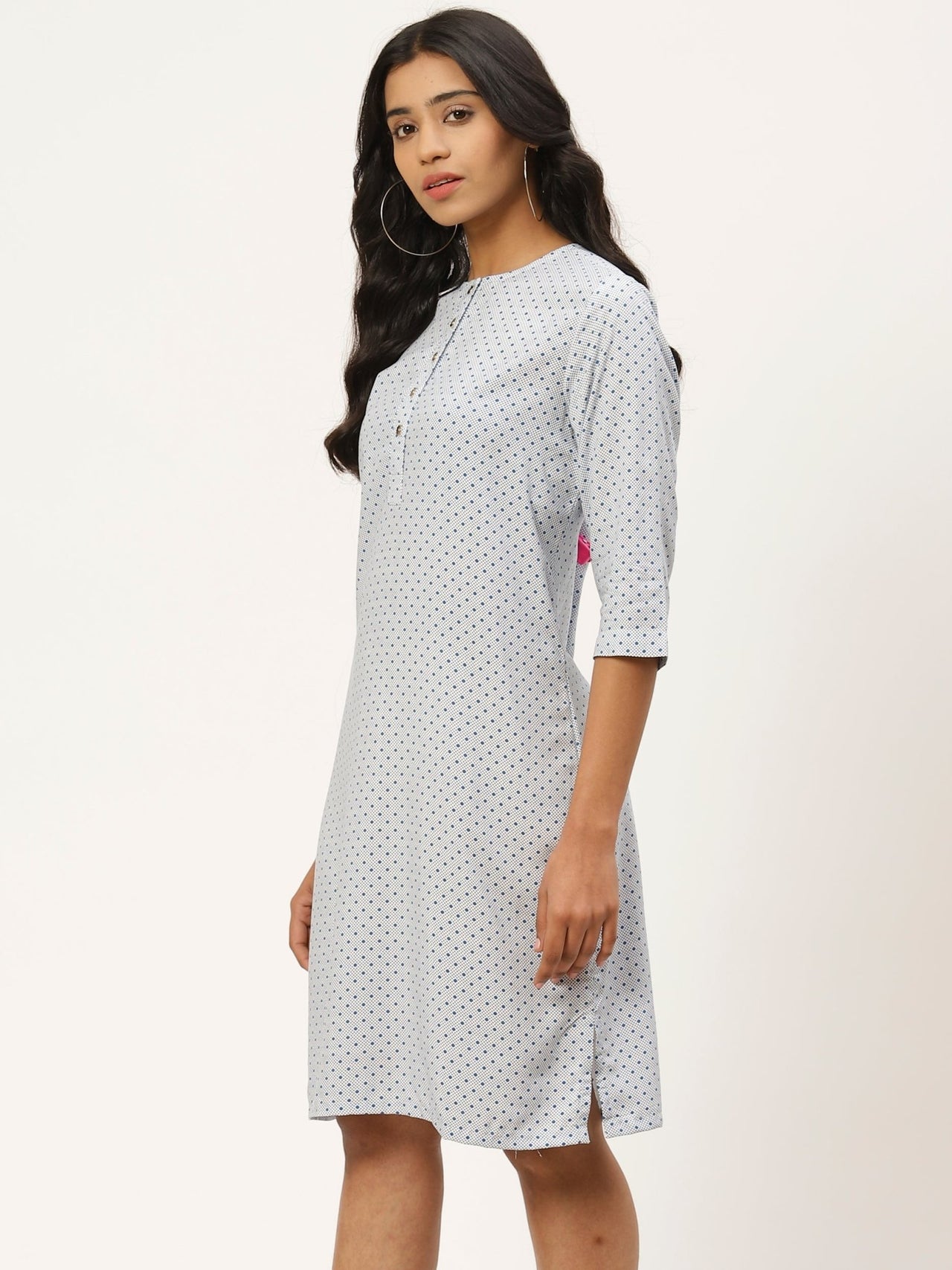 Women White & Blue Printed A - Line Dress - RueCollections