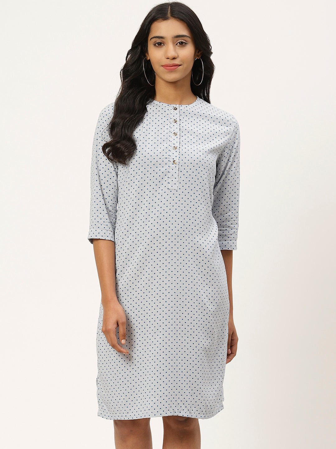 Women White & Blue Printed A - Line Dress - RueCollections