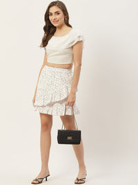 Thumbnail for Women White Ditsy Floral Printed Ruffles Detail Above - Knee Skirt - RueCollections