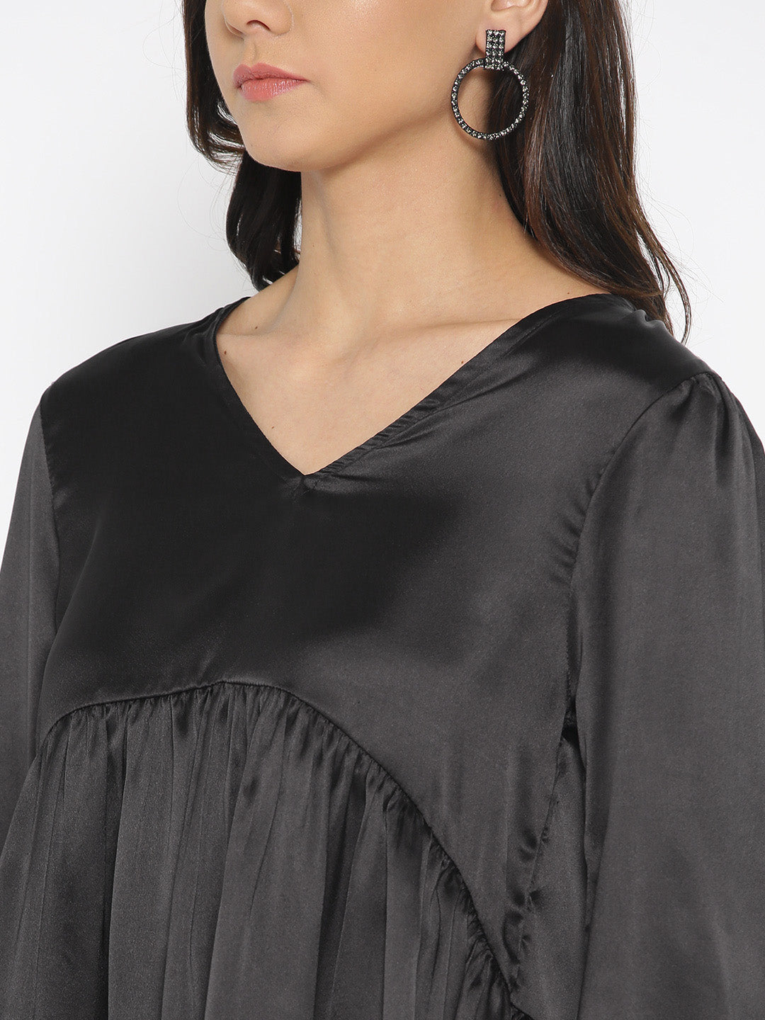 Women Black Solid Satin Finish A-Line Top