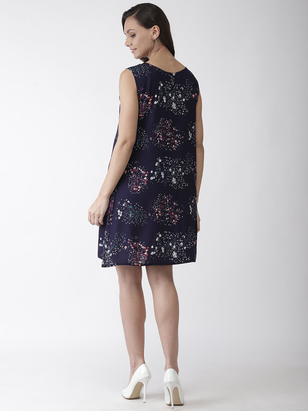 Women Navy Blue & White Floral Printed A-Line Dress