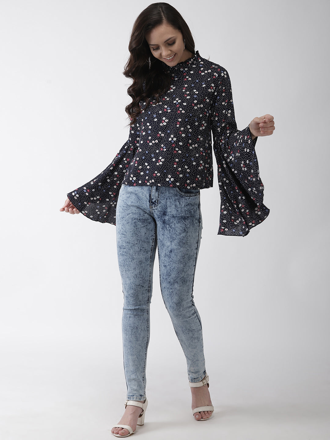 Rue Collection Women Navy Blue & White Floral Print Top