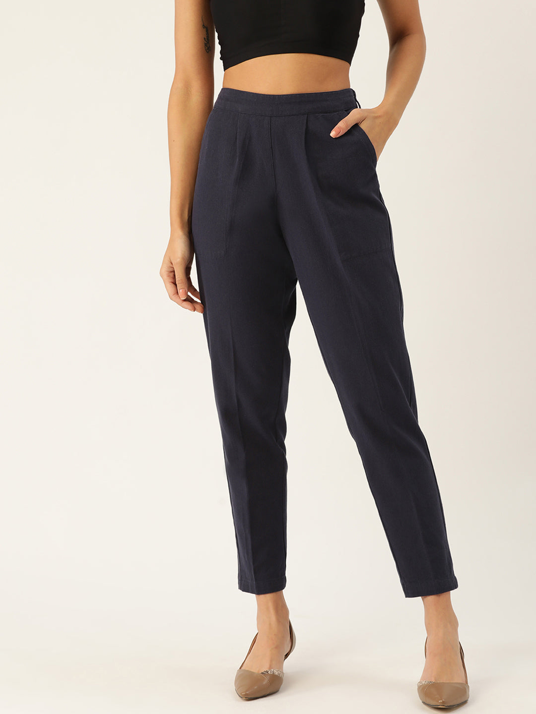 Rue Collection Women Navy Blue Comfort Fit Solid Cropped Regular Trousers