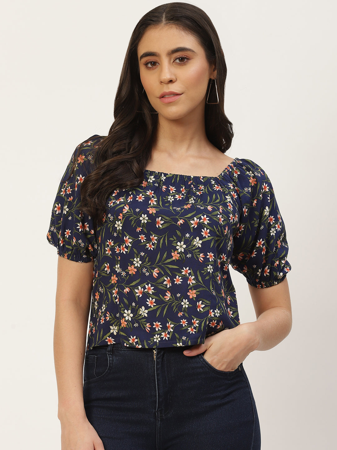 Multicoloured Floral Print Smocked Top