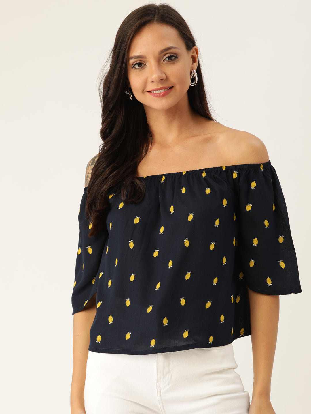 Rue Collection Women Navy Blue & Olive Green Printed Bardot Top