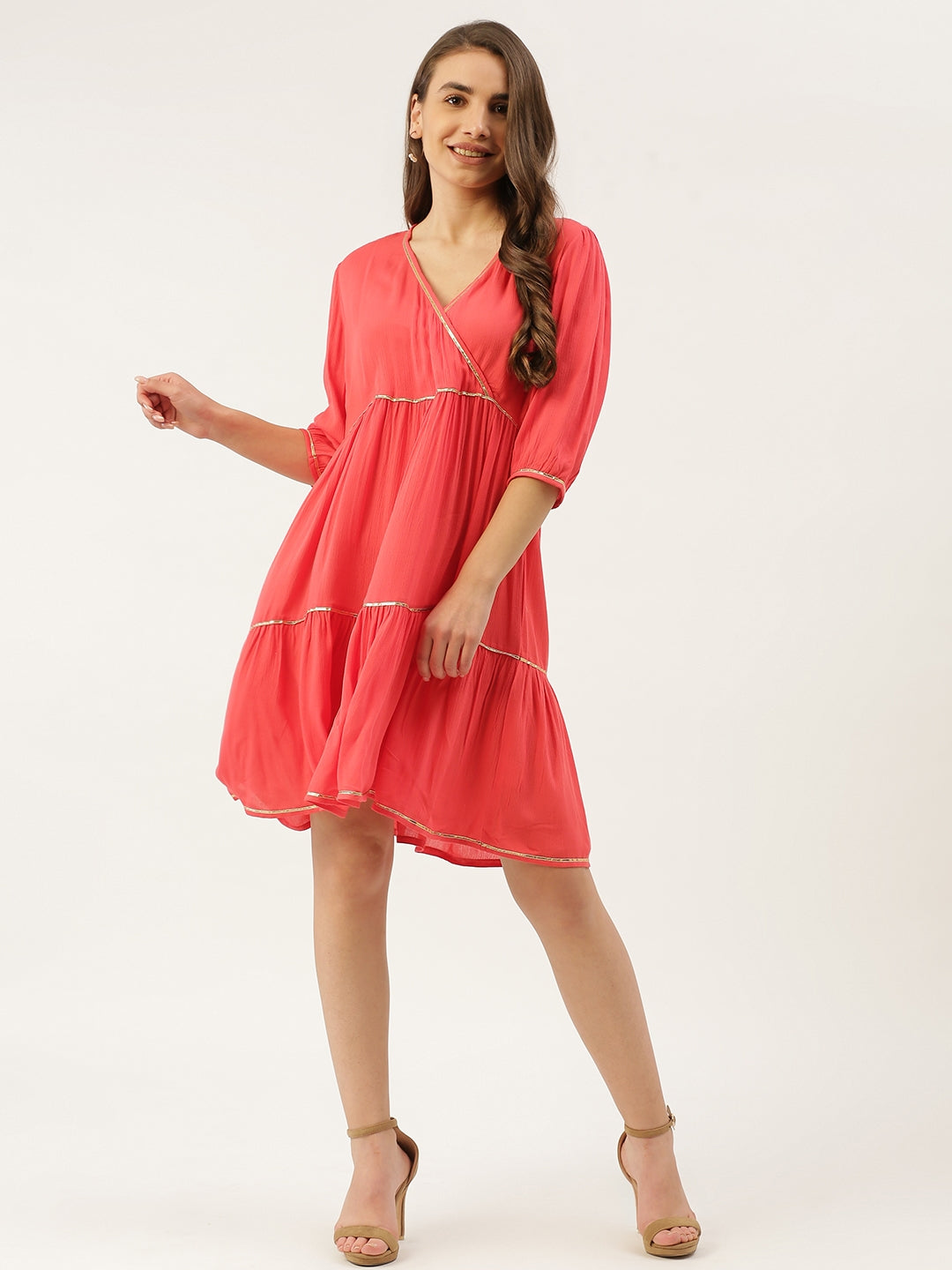 Women Coral Solid A-Line Dress