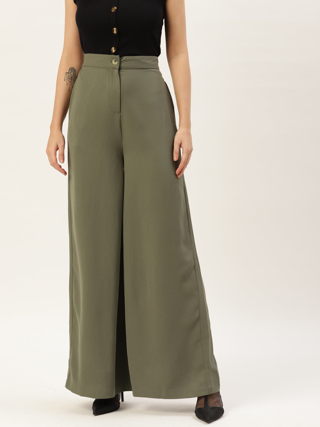 Women Olive Green Solid High-Rise Parallel Trousers