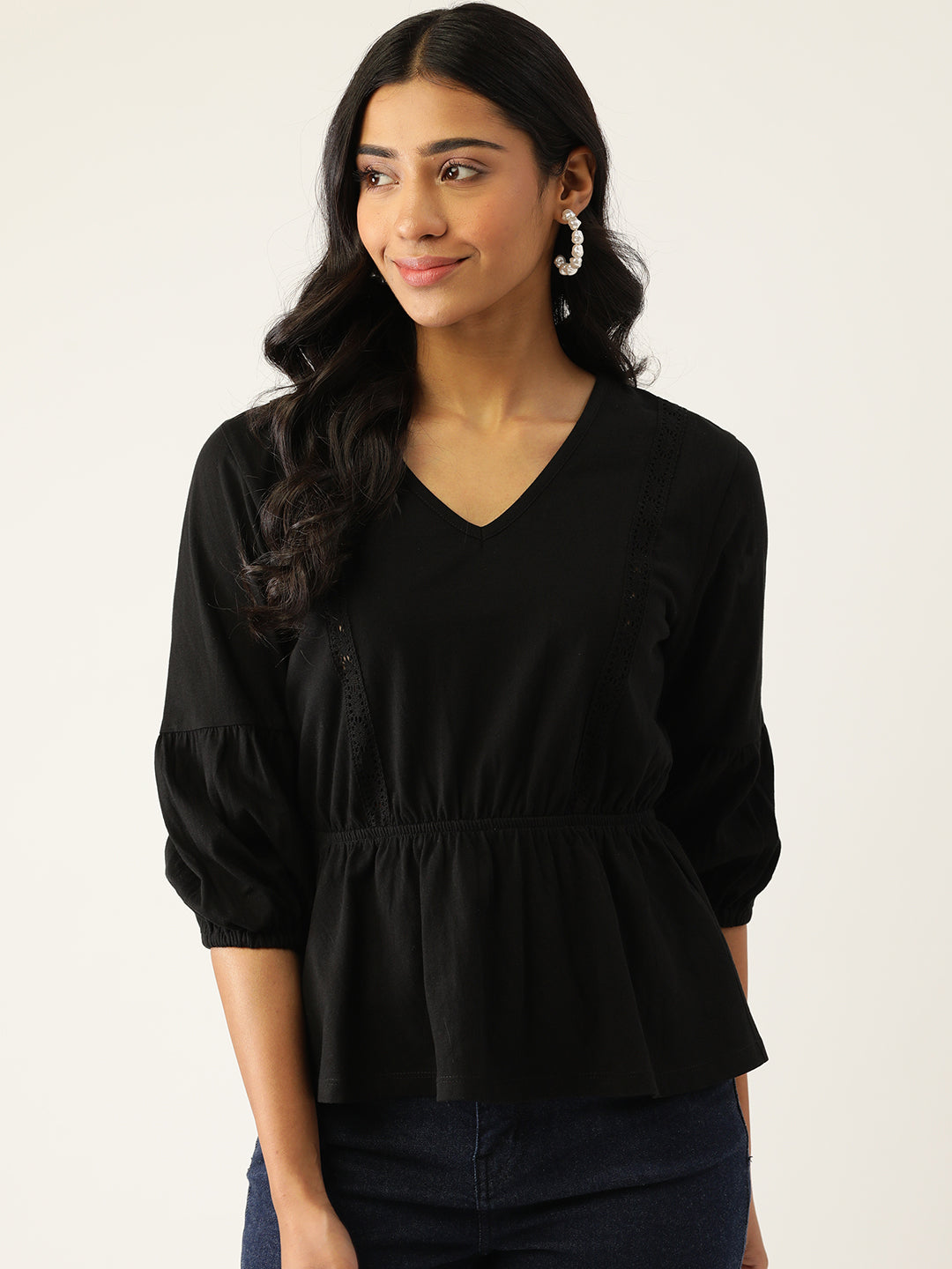 Black Solid Cinched Waist Top