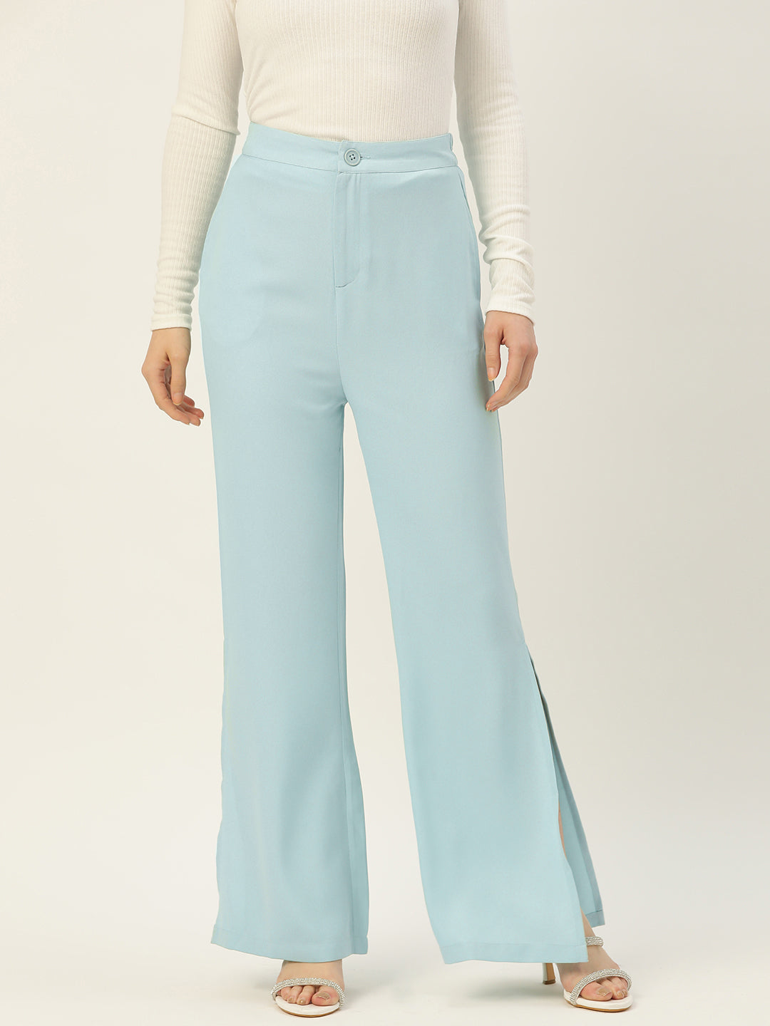 Women Turquoise Blue Relaxed Loose Fit High-Rise Trousers