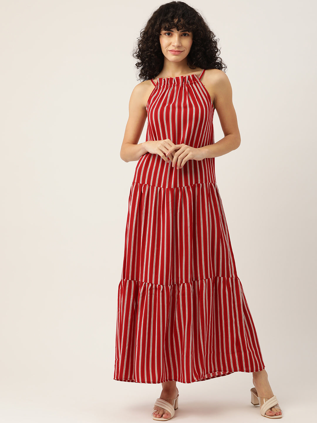Red & White Striped Halter Neck Maxi Dress