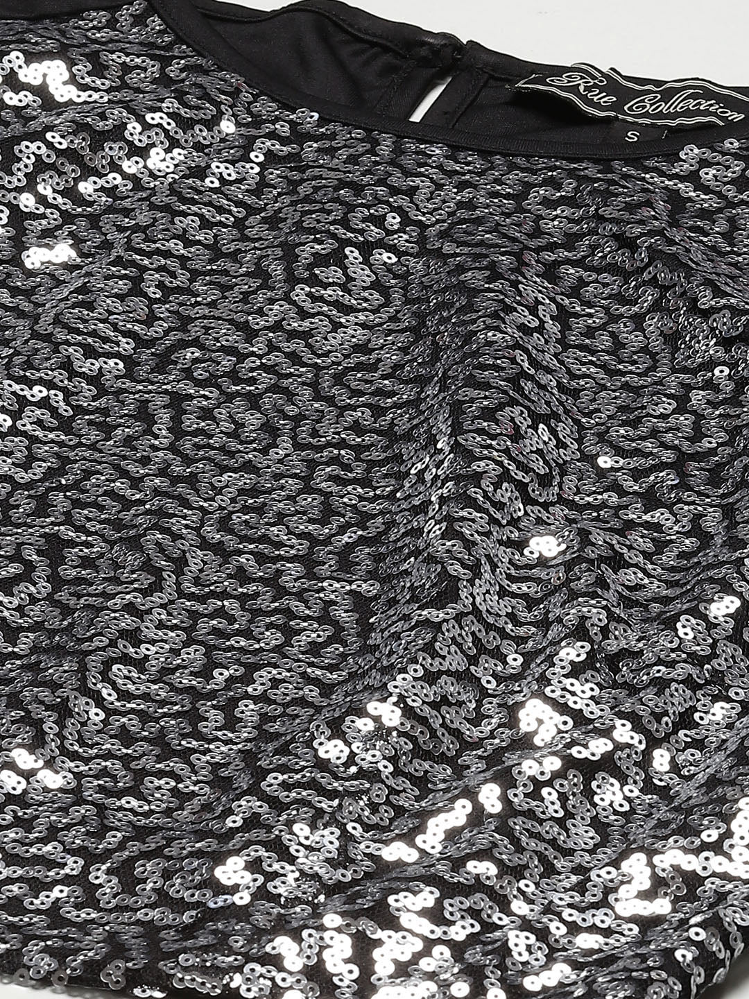 Black & Silver-Toned Embellished Sequined Crop Top