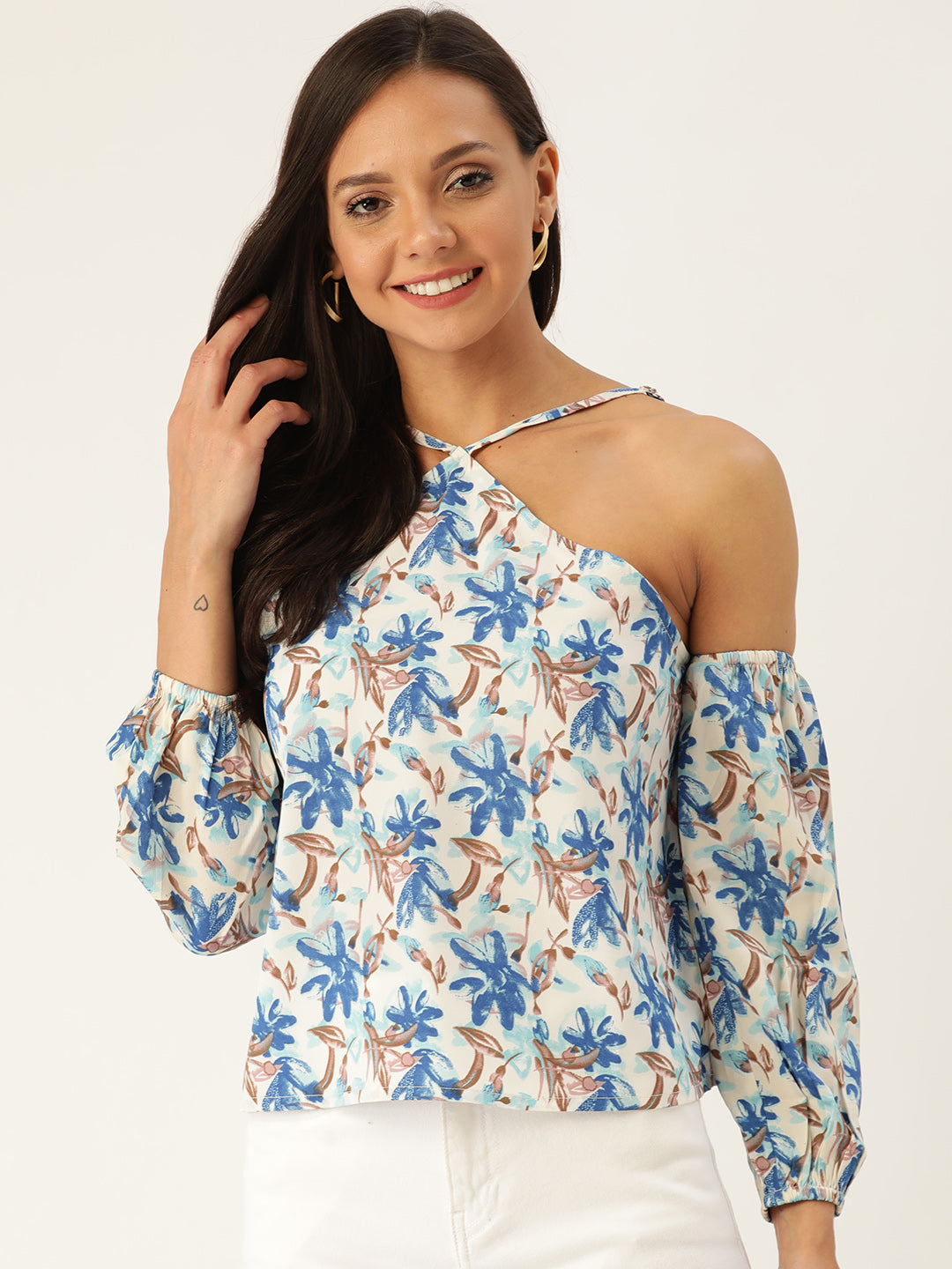 Rue Collection Women White & Blue Floral Print Regular Top