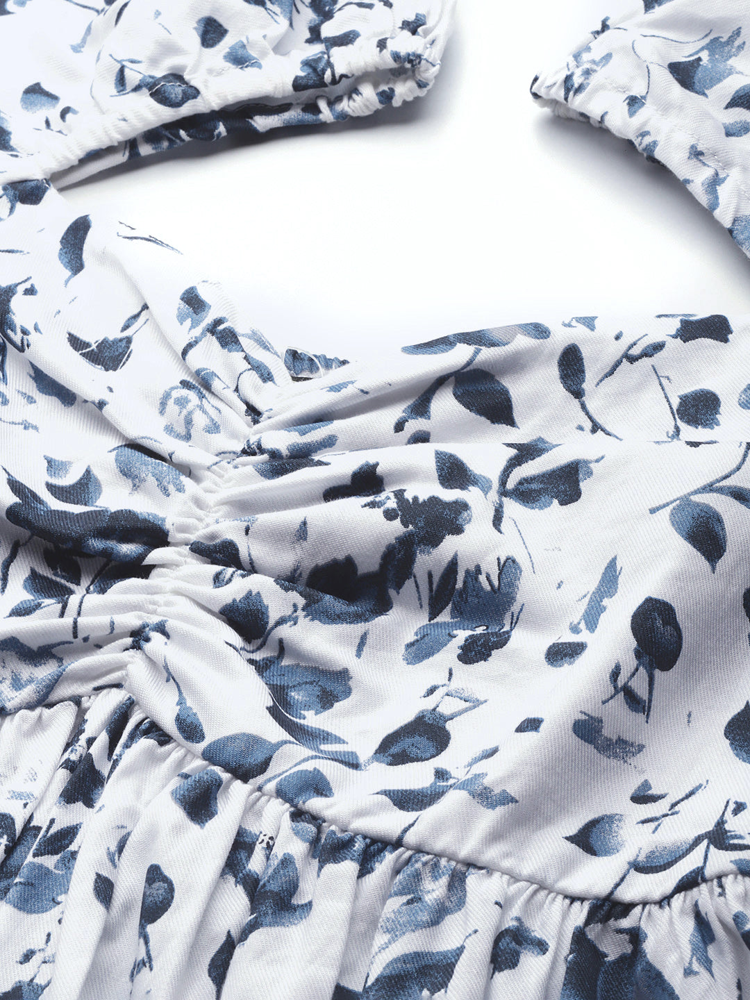 सफ़ेद और नीला फ्लोरल प्योर कॉटन A-लाइन मिडी ड्रेस