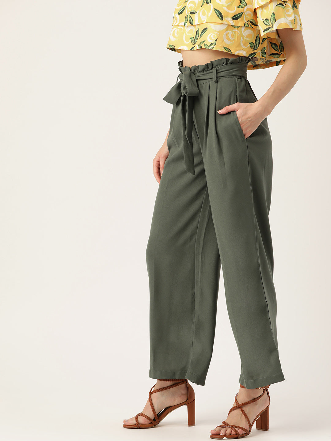 Women Olive Green Regular Fit Solid Parallel Trousers